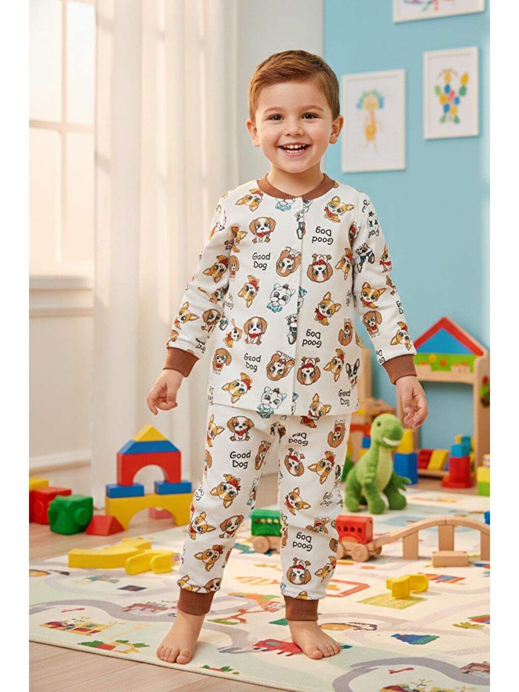 Kahverengi %100 Pamuk Hayvan Baskılı Çıtçıtlı Erkek Çocuk Pijama Takımı