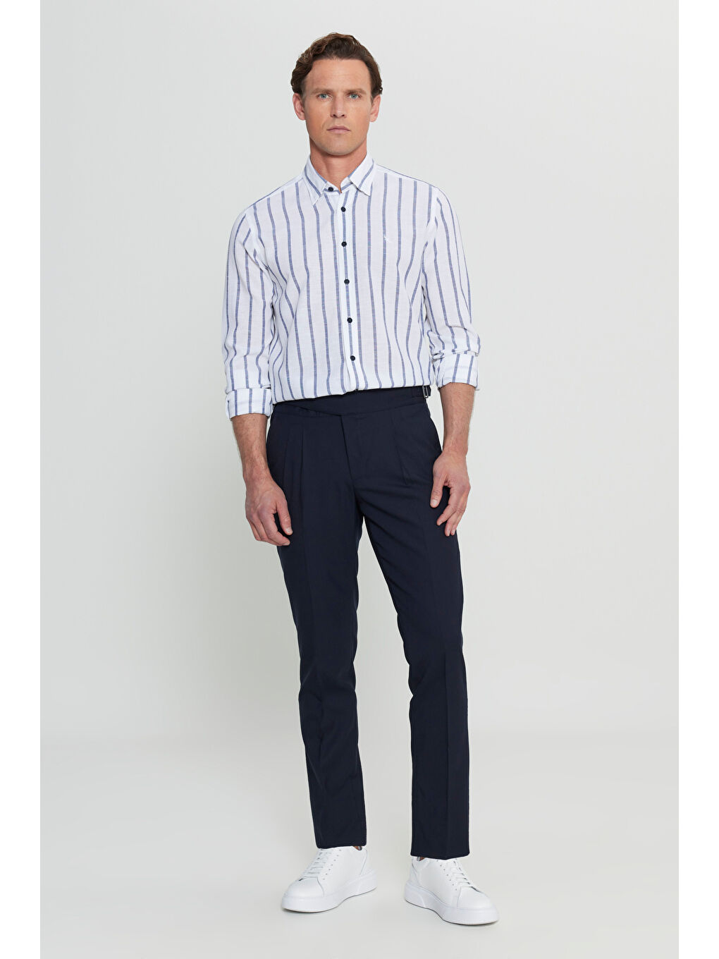 Erkek Lacivert Slim Fit Dar Kesim Beli Lastikli Yan Cep Rahat Pantolon-1