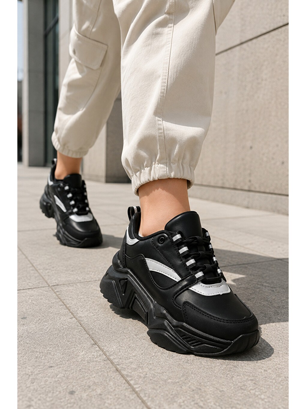 Siyah Kadın, Kalın Tabanlı, Bağcıklı, Hafif, Günlük Spor Ayakkabı, Sneaker-4