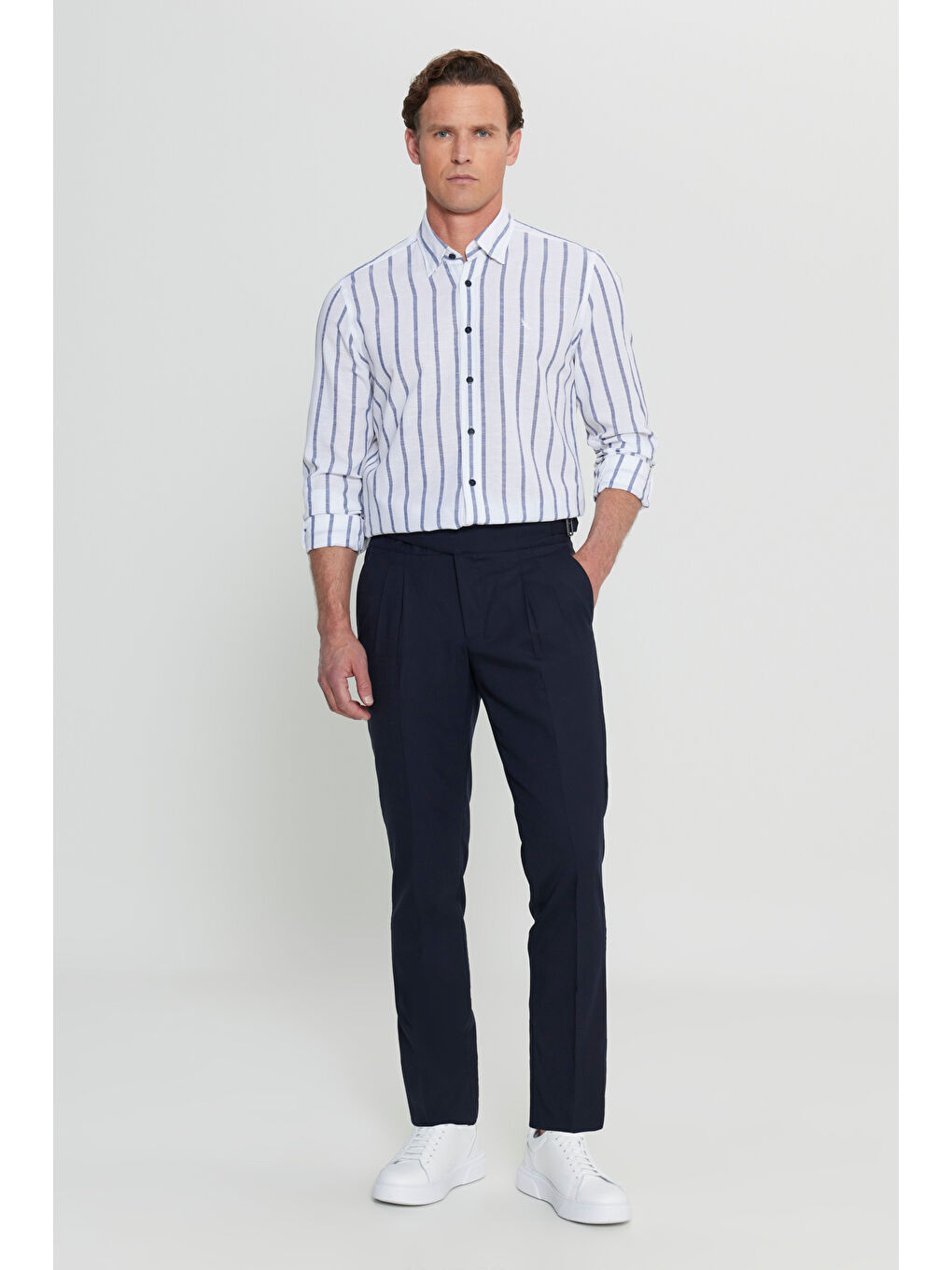 Erkek Lacivert Slim Fit Dar Kesim Beli Lastikli Yan Cep Rahat Pantolon-2