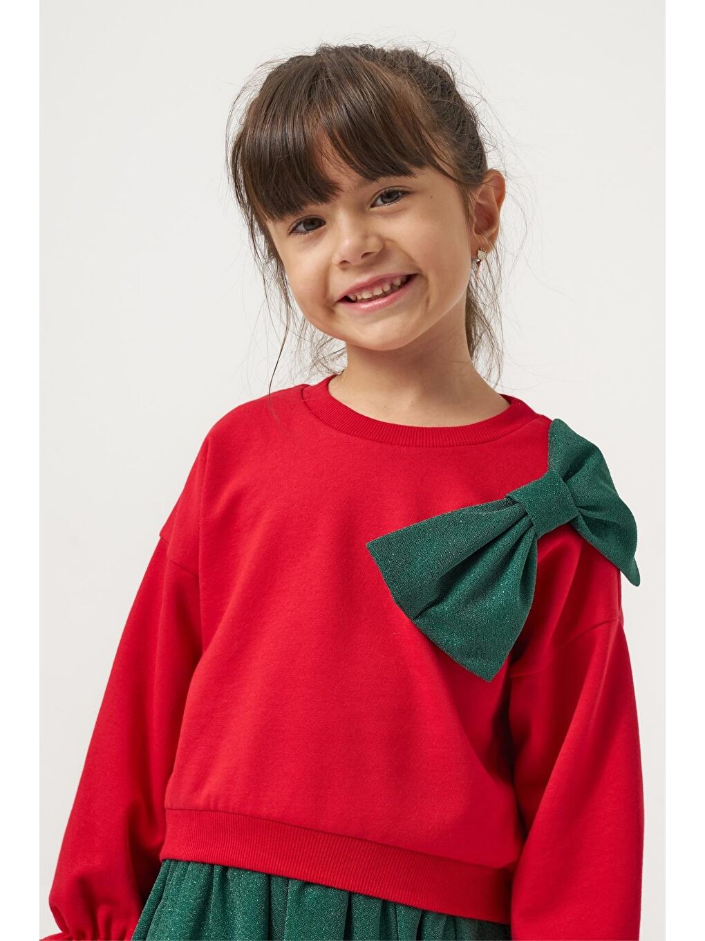 Kız Çocuk Pamuklu Kırmızı Fiyonklu Sweatshirt Yeşil Tüllü Etekli Takım - Ve Konforlu Kombin-4