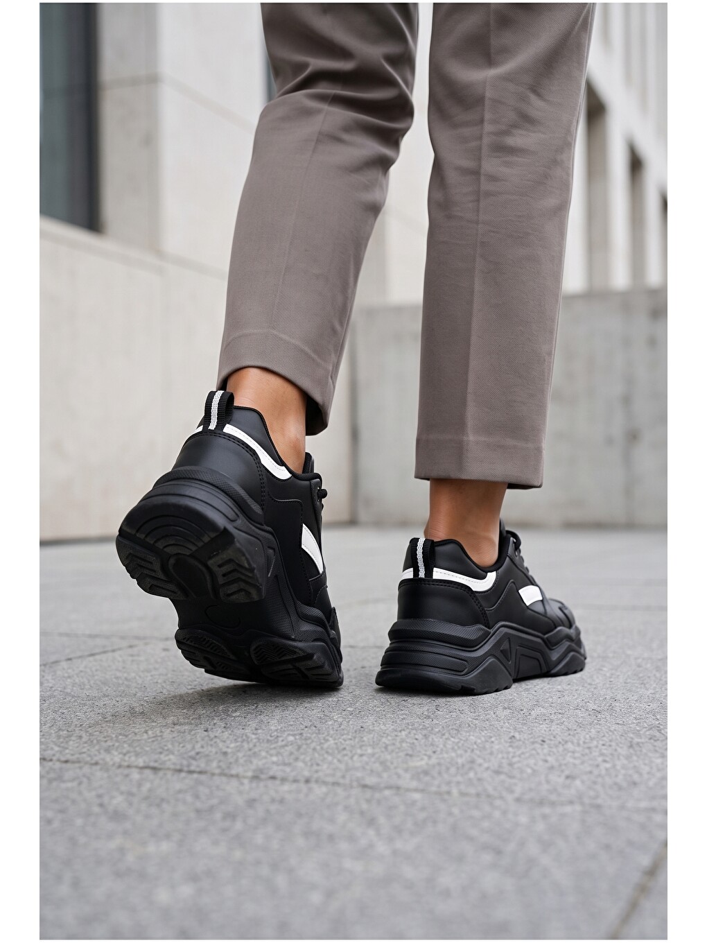 Siyah Kadın, Kalın Tabanlı, Bağcıklı, Hafif, Günlük Spor Ayakkabı, Sneaker-5