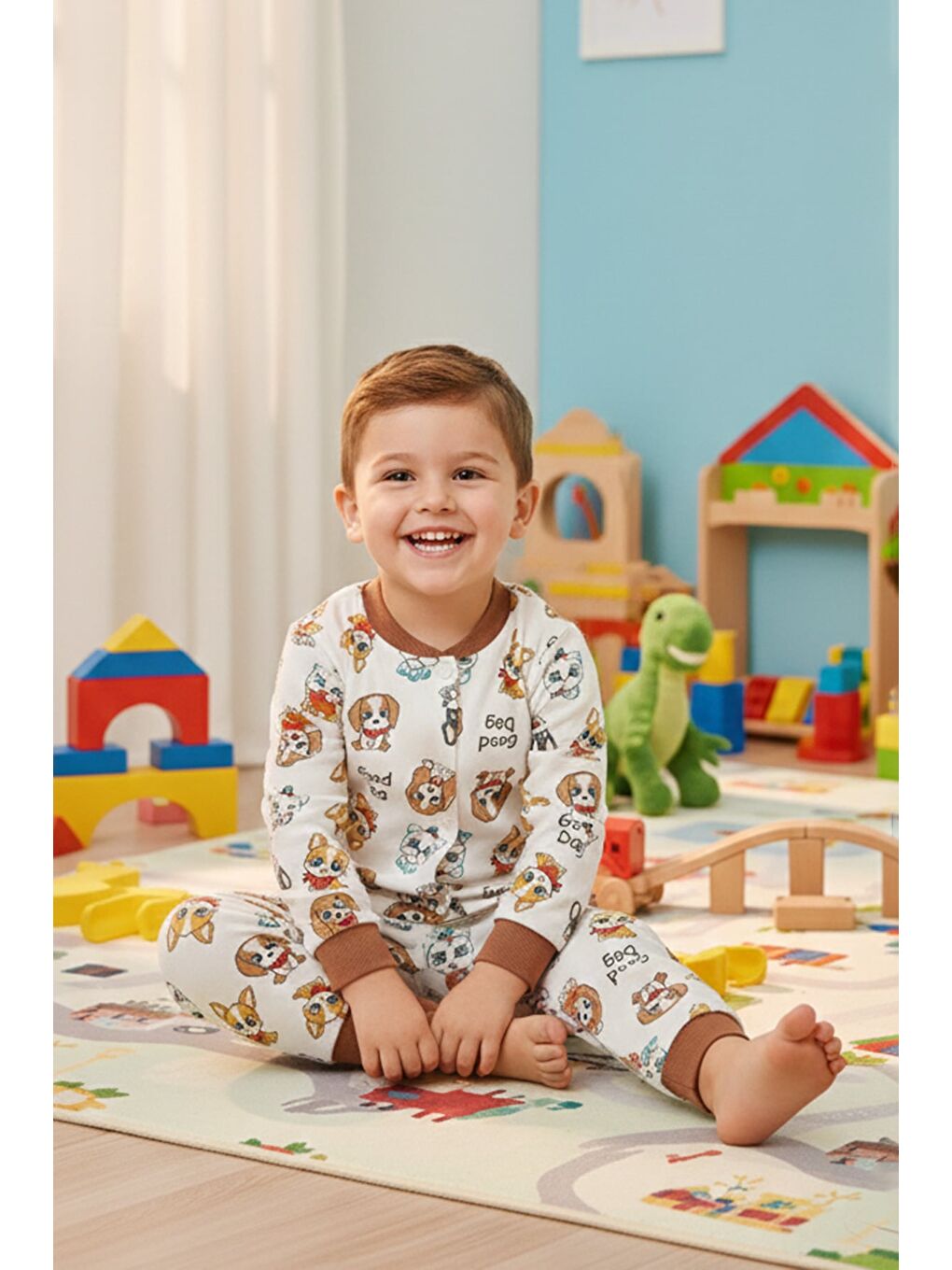 Kahverengi %100 Pamuk Hayvan Baskılı Çıtçıtlı Erkek Çocuk Pijama Takımı-1