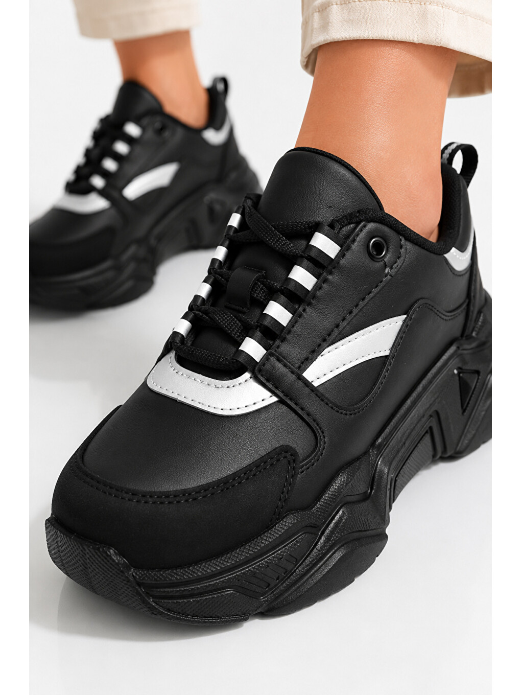 Siyah Kadın, Kalın Tabanlı, Bağcıklı, Hafif, Günlük Spor Ayakkabı, Sneaker-6