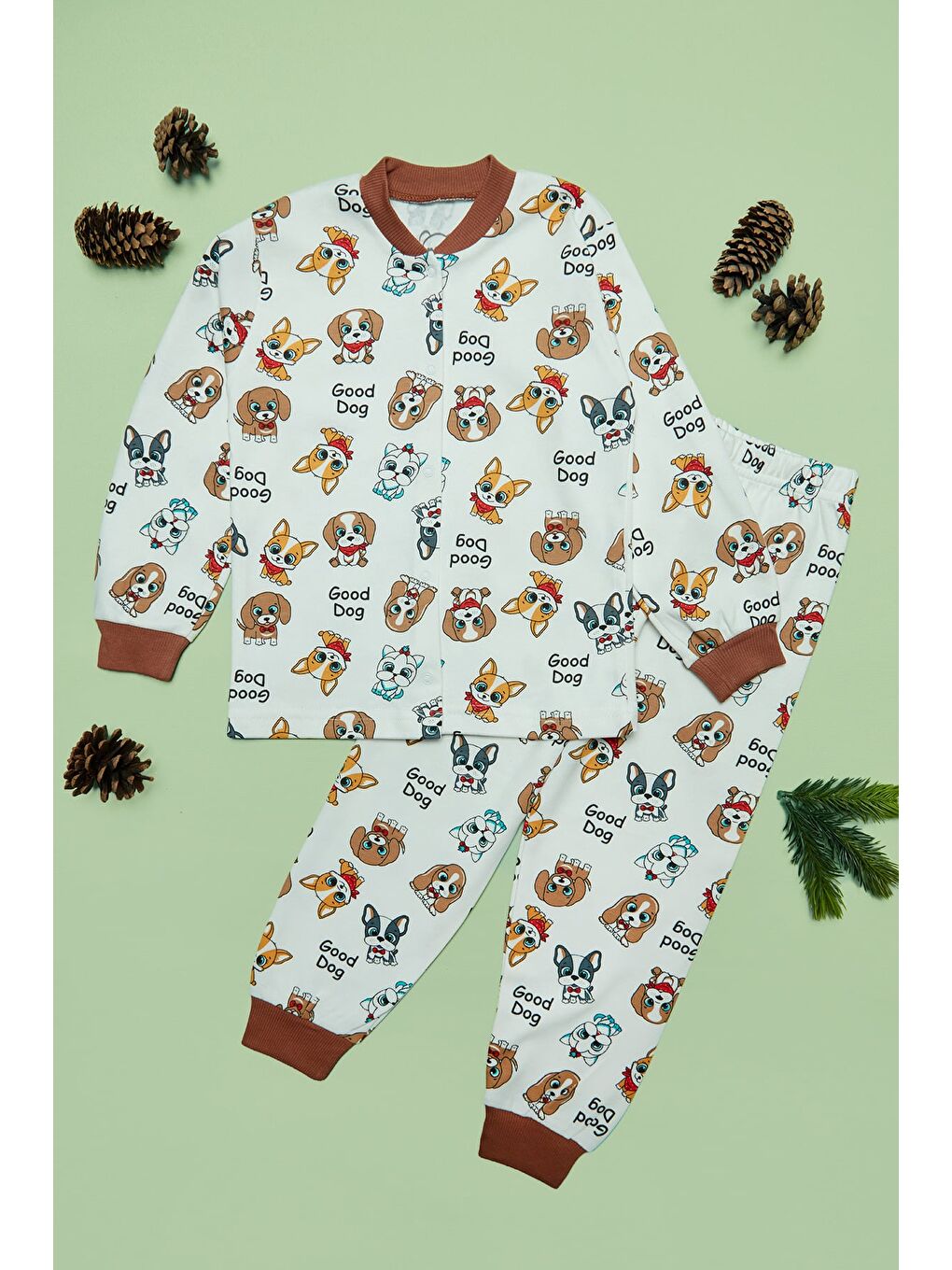 Kahverengi %100 Pamuk Hayvan Baskılı Çıtçıtlı Erkek Çocuk Pijama Takımı-2