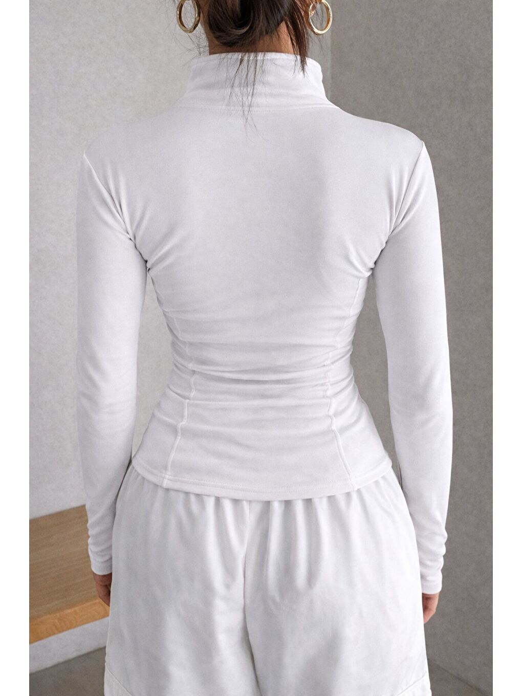 Beyaz Kadın Bej İki İplik Fermuarlı Dar Kesim Mevsimlik Hırka – Dik Yaka Fit Basic Ceket-2