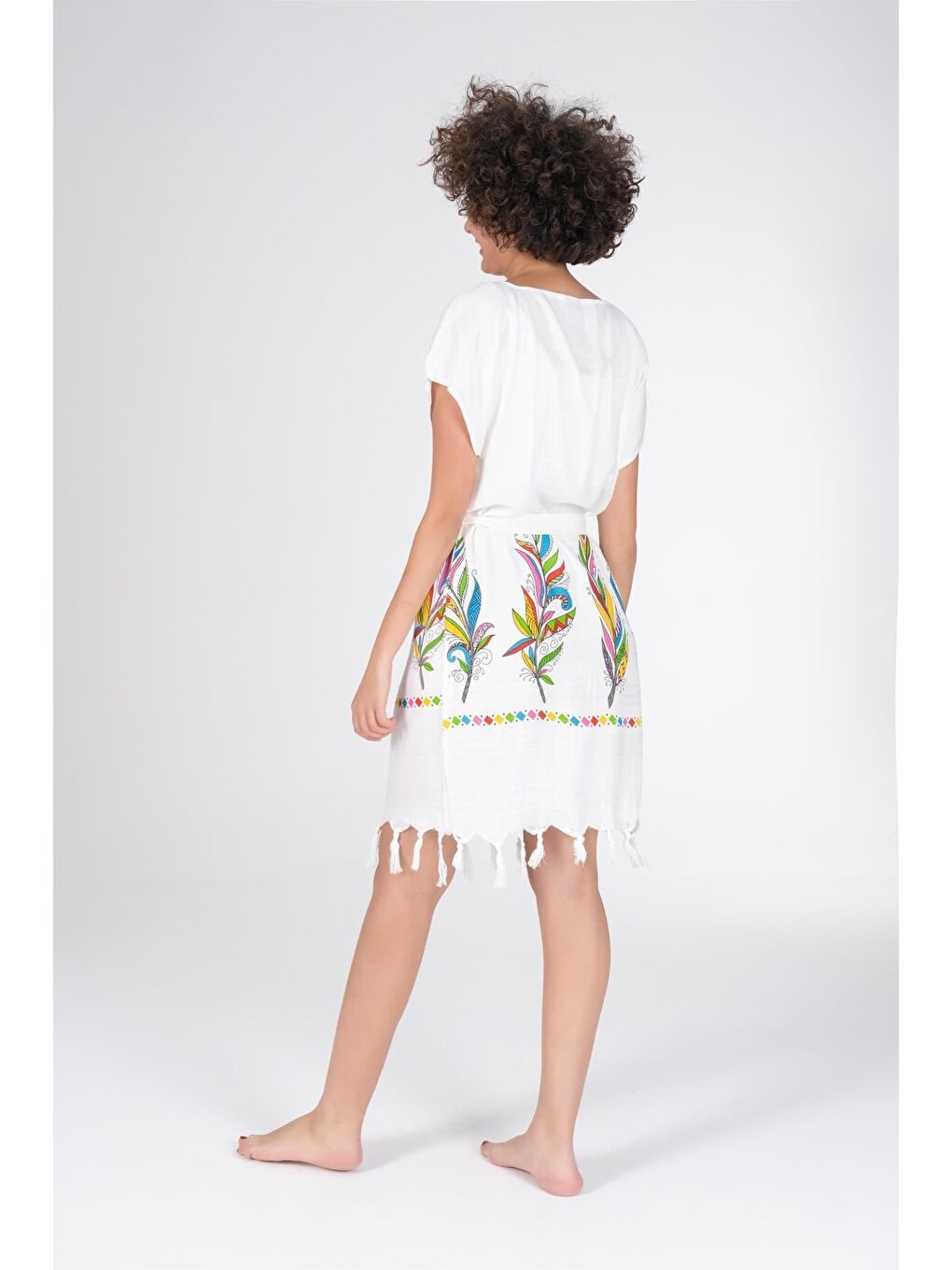 Ekru Baskılı Bambu Plaj Elbisesi-3