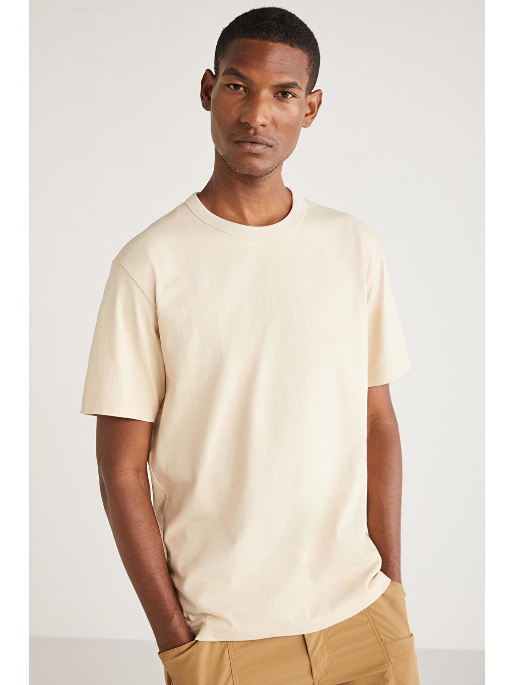 Bej ASTONS Erkek Relaxed %100 Organik Pamuk Kalın Süprem Dokuma VANİLYA T-Shirt-1