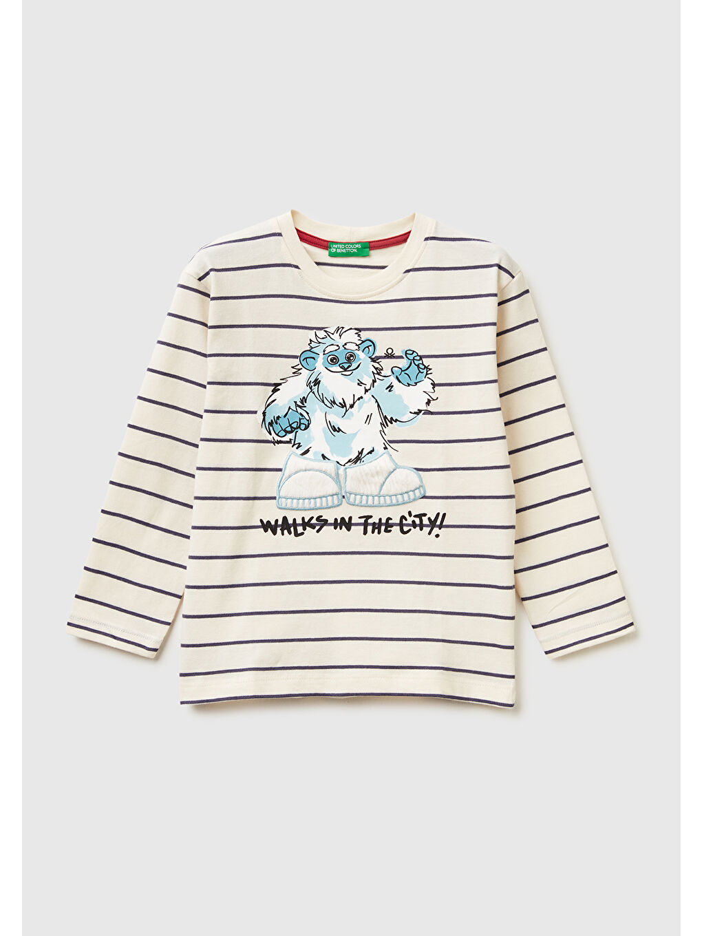 Erkek Çocuk Bej Çizgili Önü Baskılı Jarse Uzun Kollu T-shirt