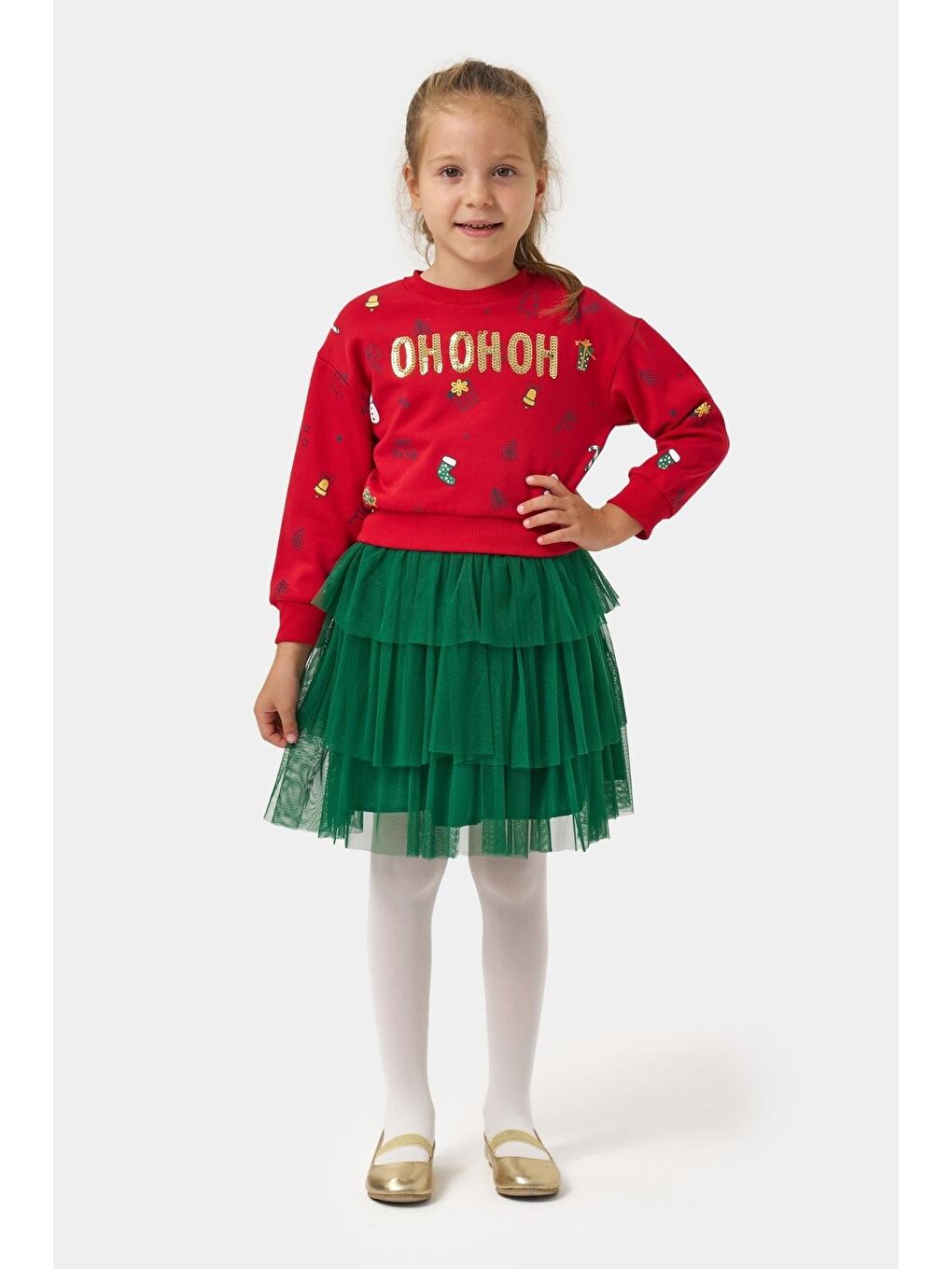Kız Çocuk Pamuklu Kırmızı Sweatshirt Ve Yeşil Tül Etek Takım - Yılbaşı Konseptli-2