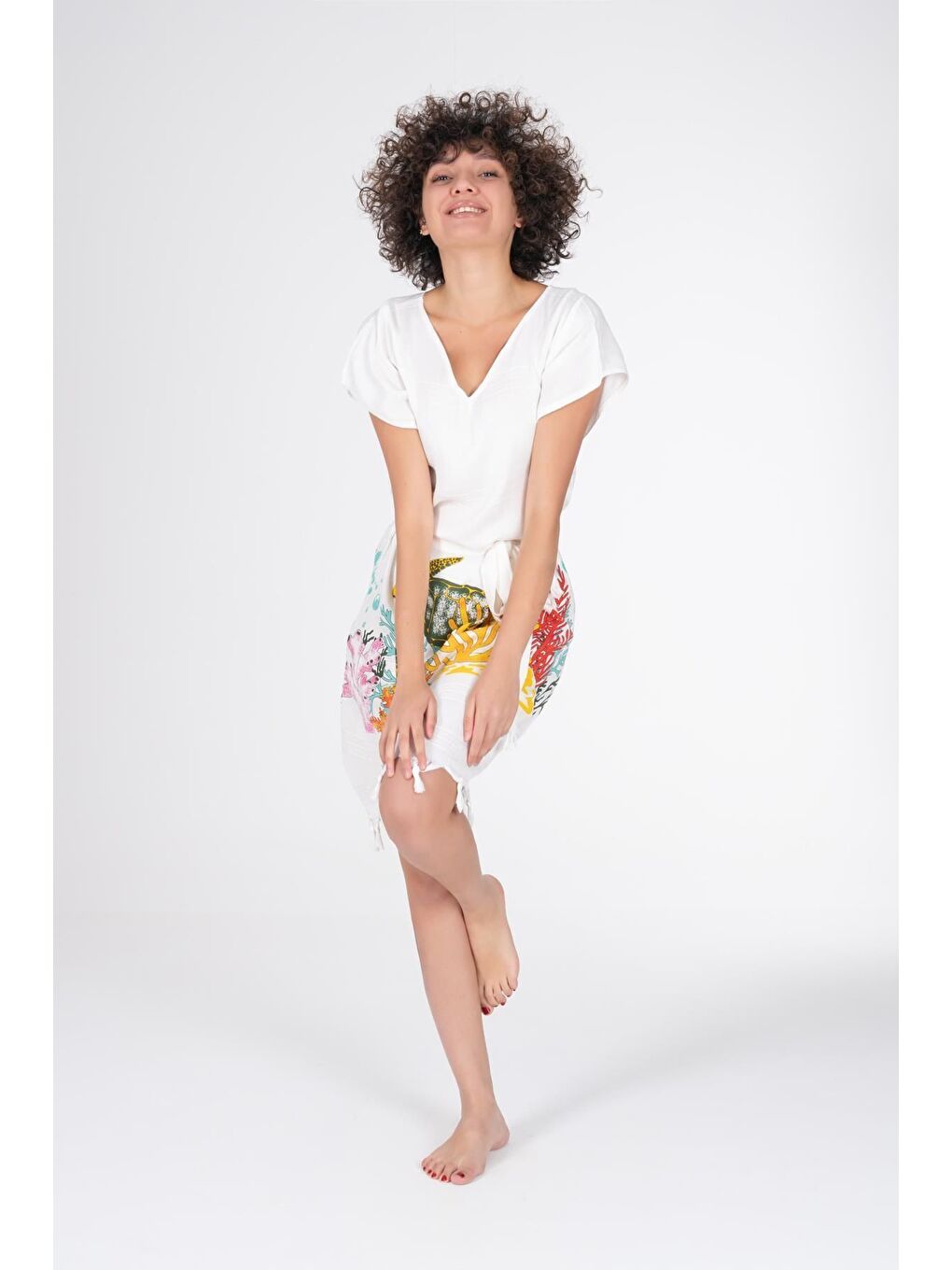 Ekru Baskılı Bambu Plaj Elbisesi-3