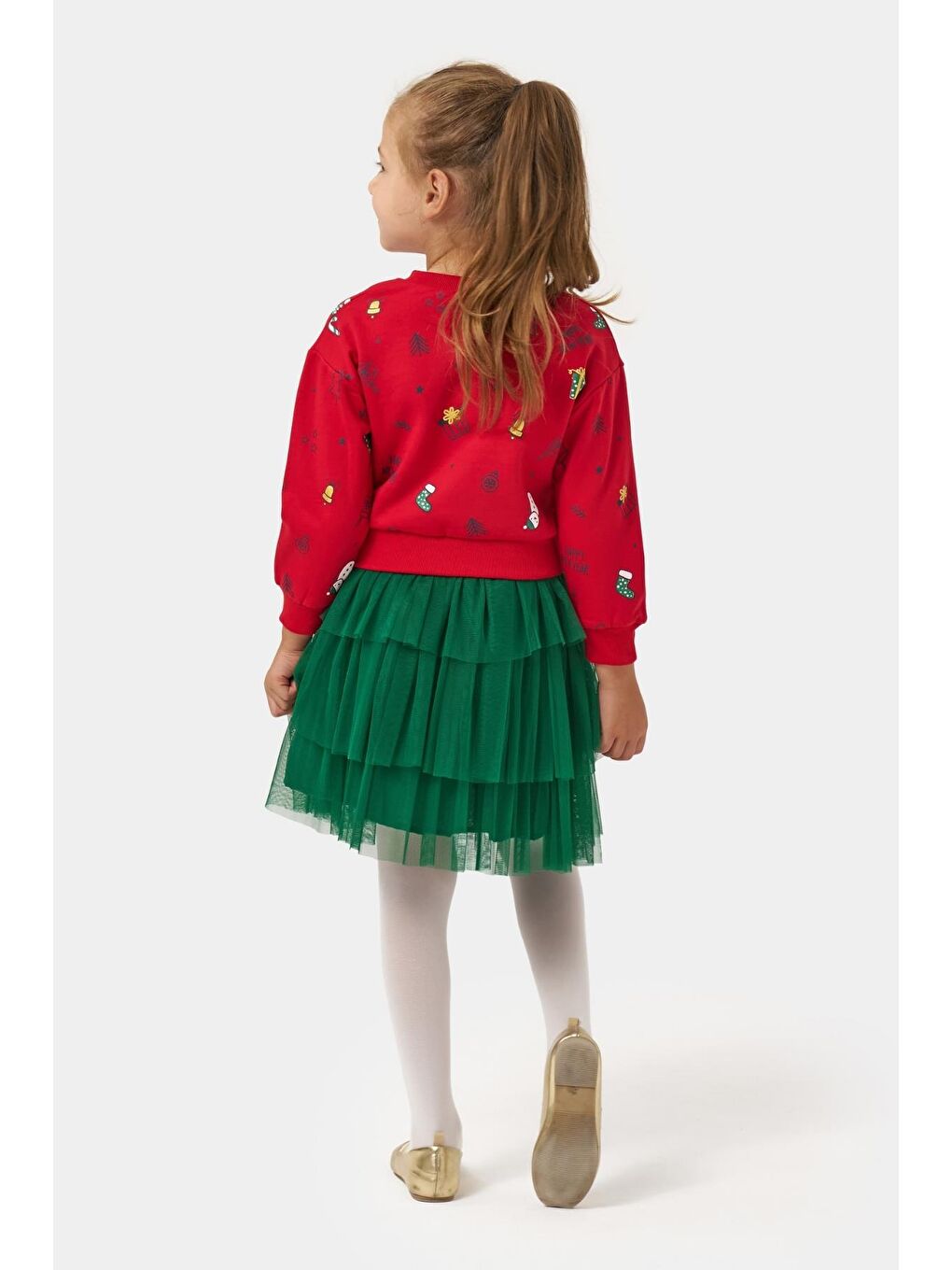 Kız Çocuk Pamuklu Kırmızı Sweatshirt Ve Yeşil Tül Etek Takım - Yılbaşı Konseptli-3
