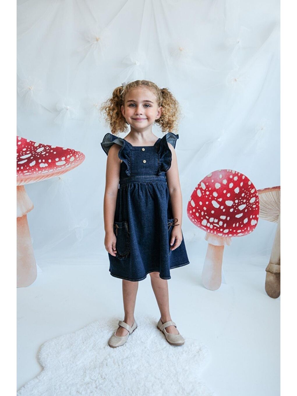 Lacivert Kız Çocuk Sırt Bağlamalı Cepli Jean Elbise