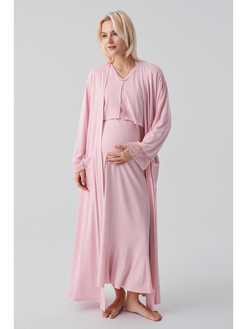 Pembe Uzun Kollu Dantelli Emzirme Bölmeli Esnek Viskoz Hamile Sabahlık Gecelik Takım 19401