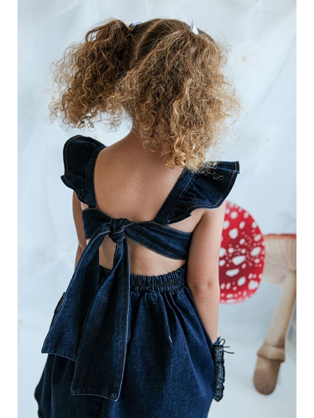 Lacivert Kız Çocuk Sırt Bağlamalı Cepli Jean Elbise-1