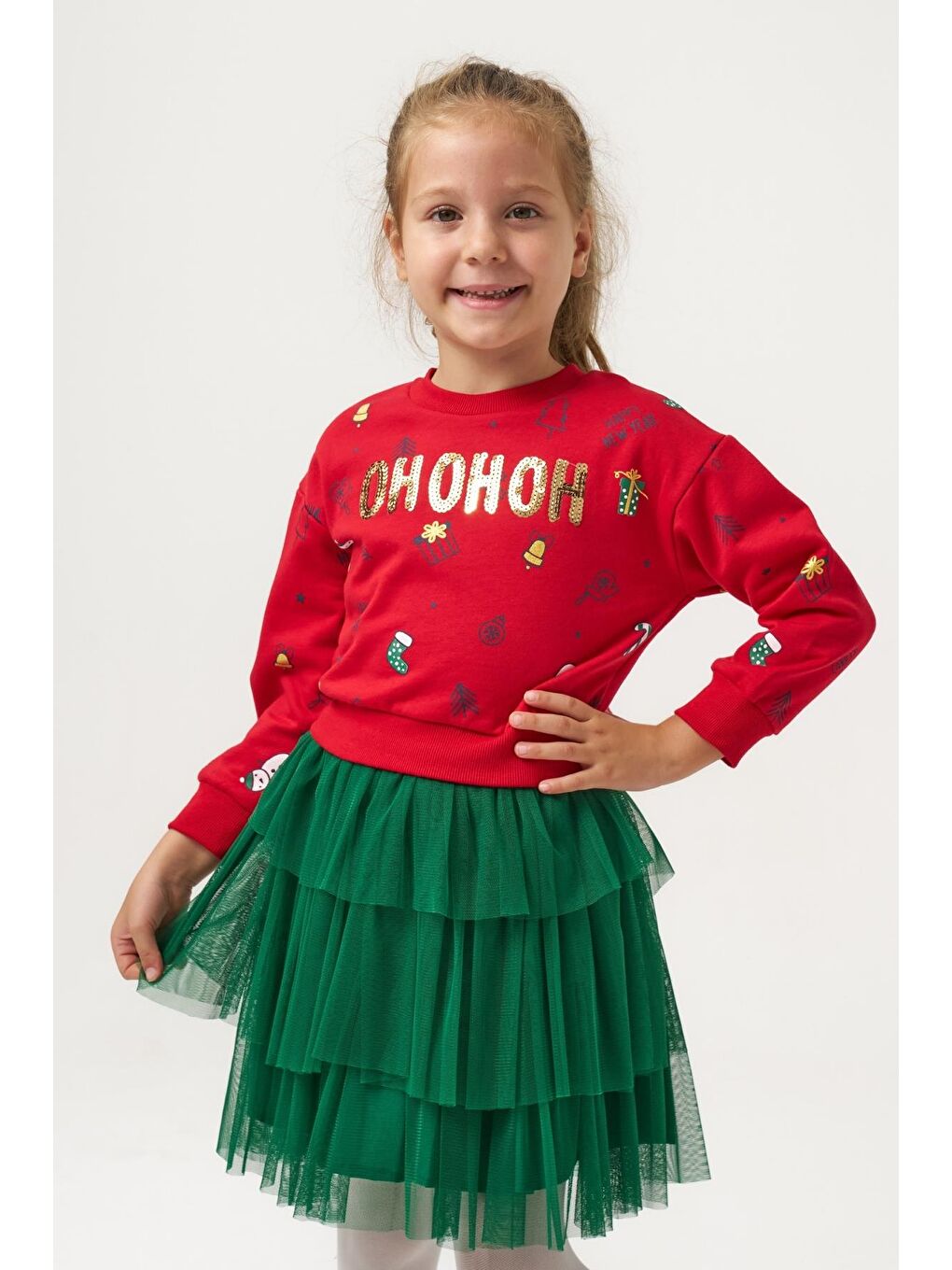 Kız Çocuk Pamuklu Kırmızı Sweatshirt Ve Yeşil Tül Etek Takım - Yılbaşı Konseptli-4