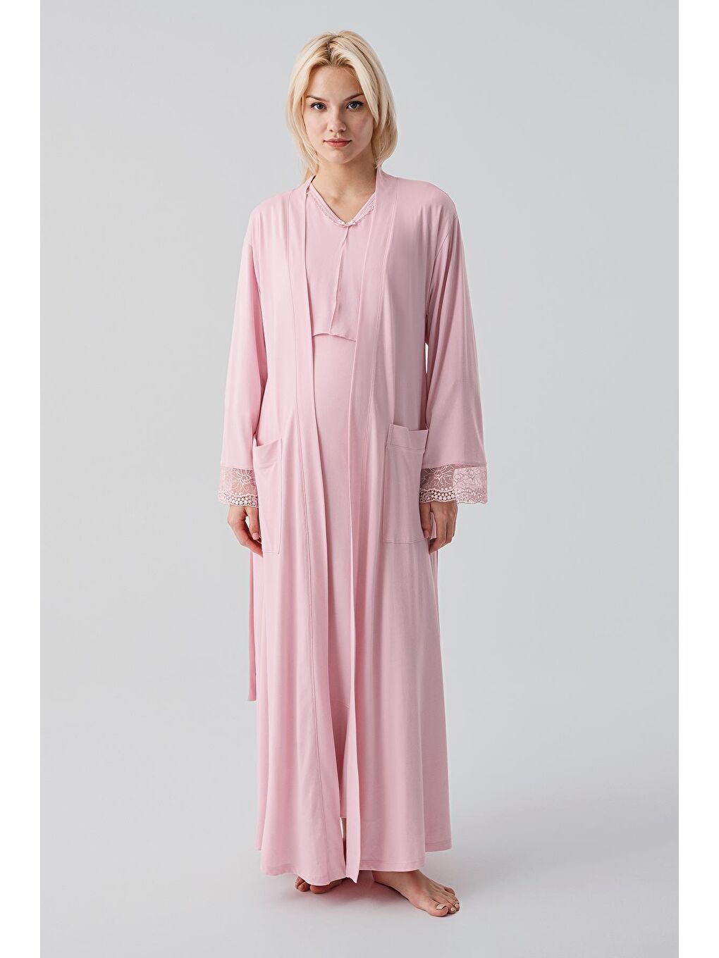 Pembe Uzun Kollu Dantelli Emzirme Bölmeli Esnek Viskoz Hamile Sabahlık Gecelik Takım 19401-1