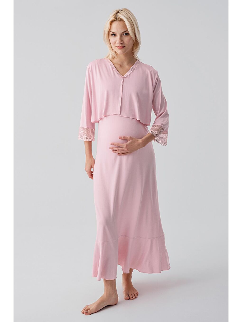 Pembe Uzun Kollu Dantelli Emzirme Bölmeli Esnek Viskoz Hamile Sabahlık Gecelik Takım 19401-2