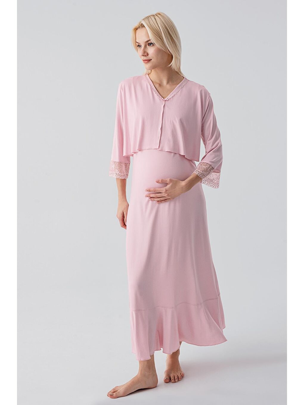 Pembe Uzun Kollu Dantelli Emzirme Bölmeli Esnek Viskoz Hamile Sabahlık Gecelik Takım 19401-3