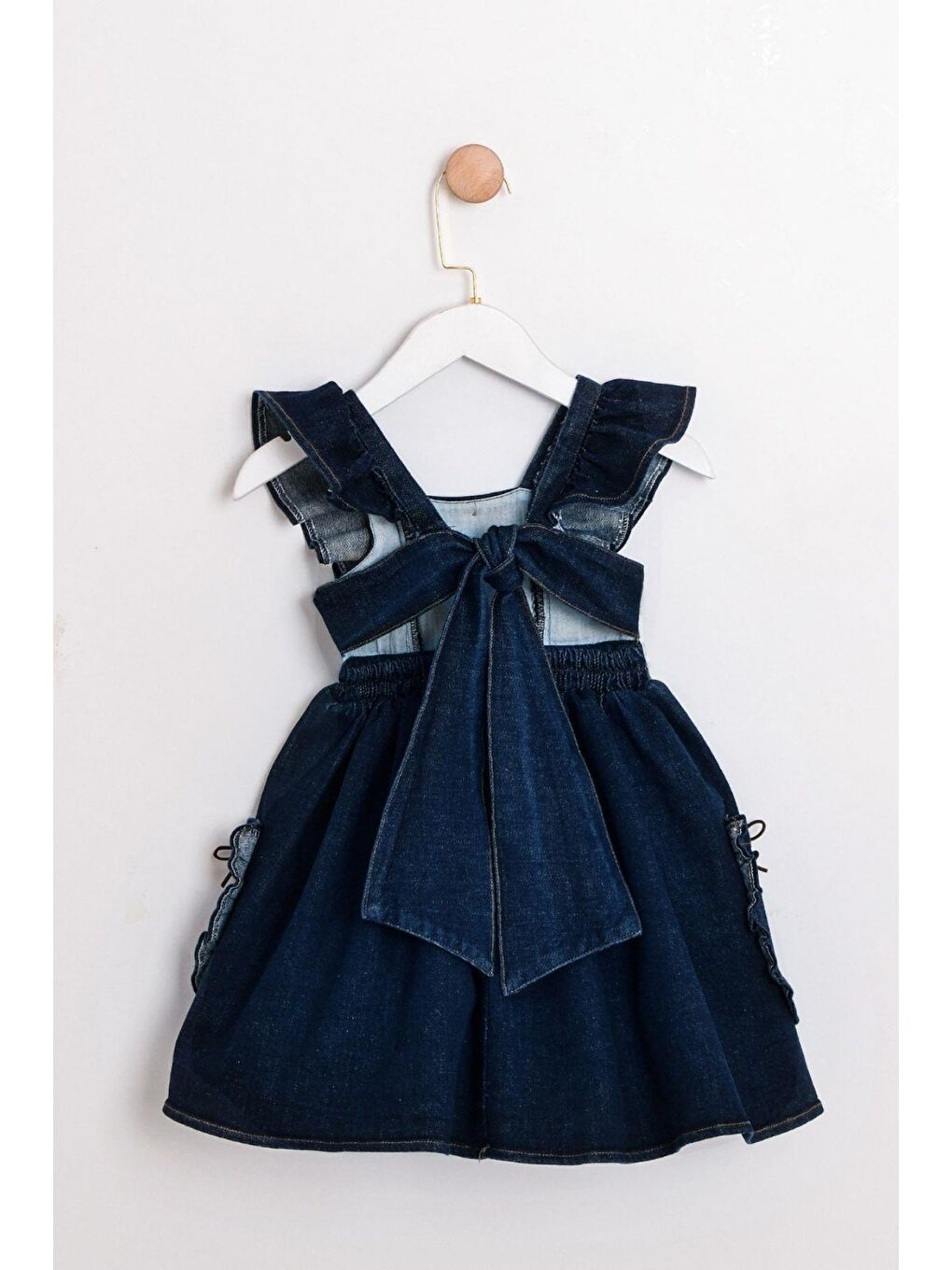 Lacivert Kız Çocuk Sırt Bağlamalı Cepli Jean Elbise-5