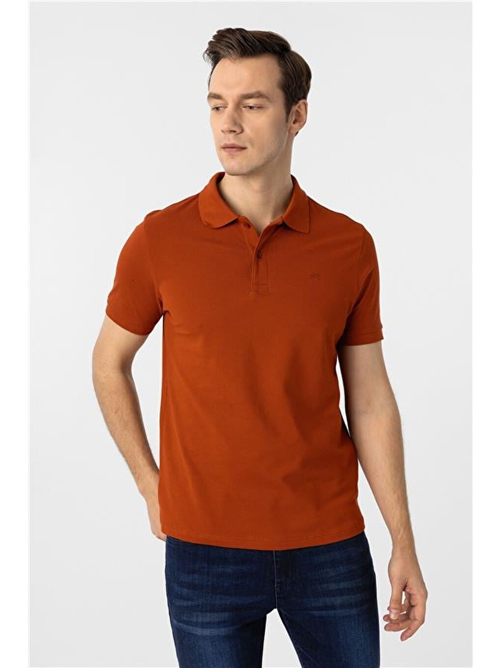 Kahverengi Kiremit Slim Düz Polo Yaka Tişört-1