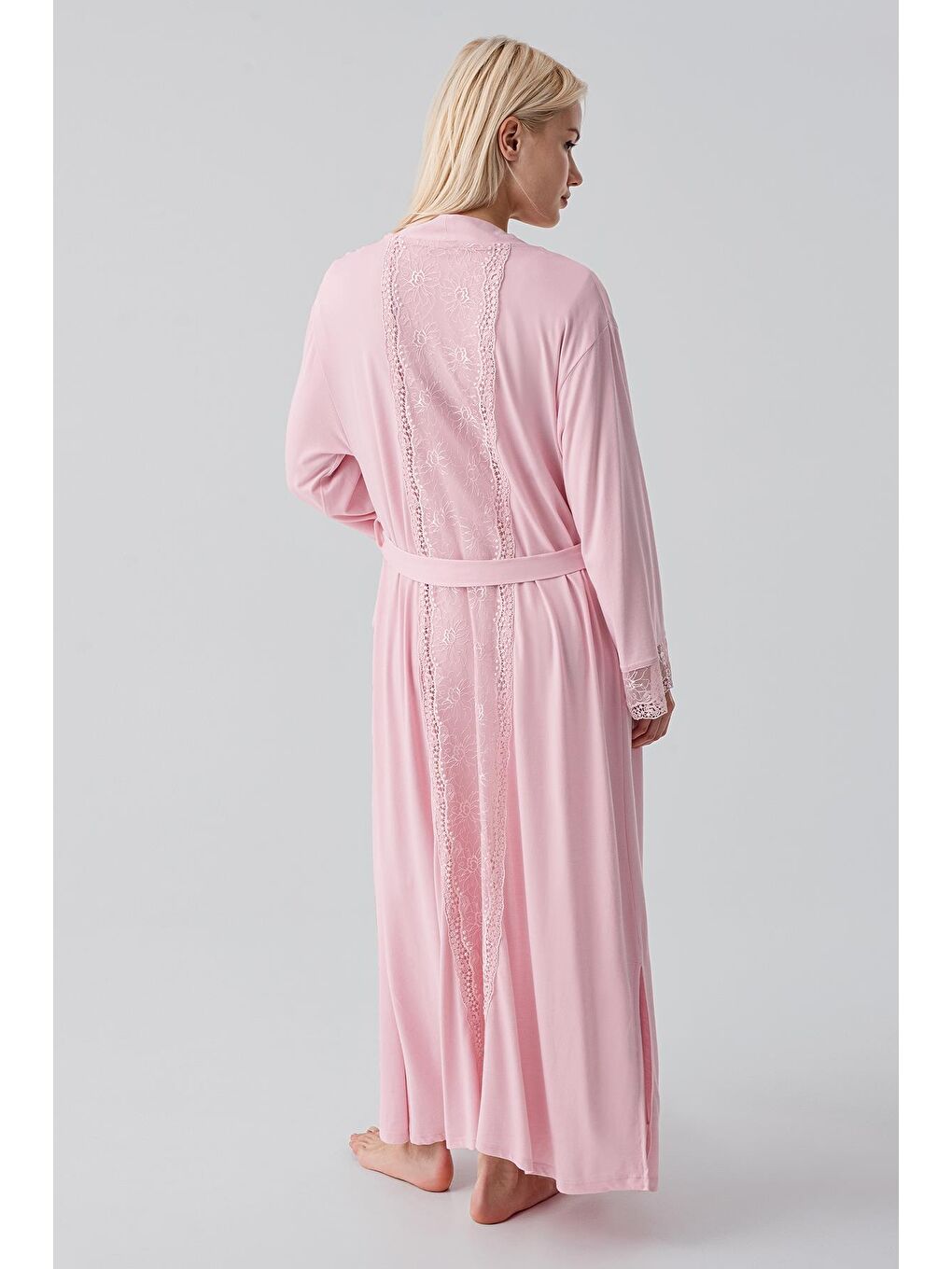 Pembe Uzun Kollu Dantelli Emzirme Bölmeli Esnek Viskoz Hamile Sabahlık Gecelik Takım 19401-4