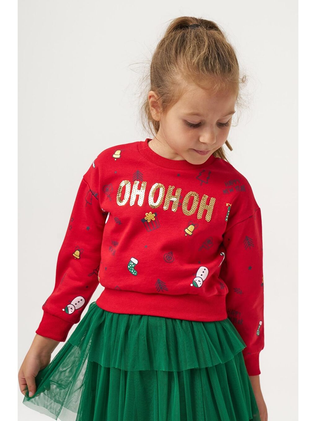 Kız Çocuk Pamuklu Kırmızı Sweatshirt Ve Yeşil Tül Etek Takım - Yılbaşı Konseptli-5