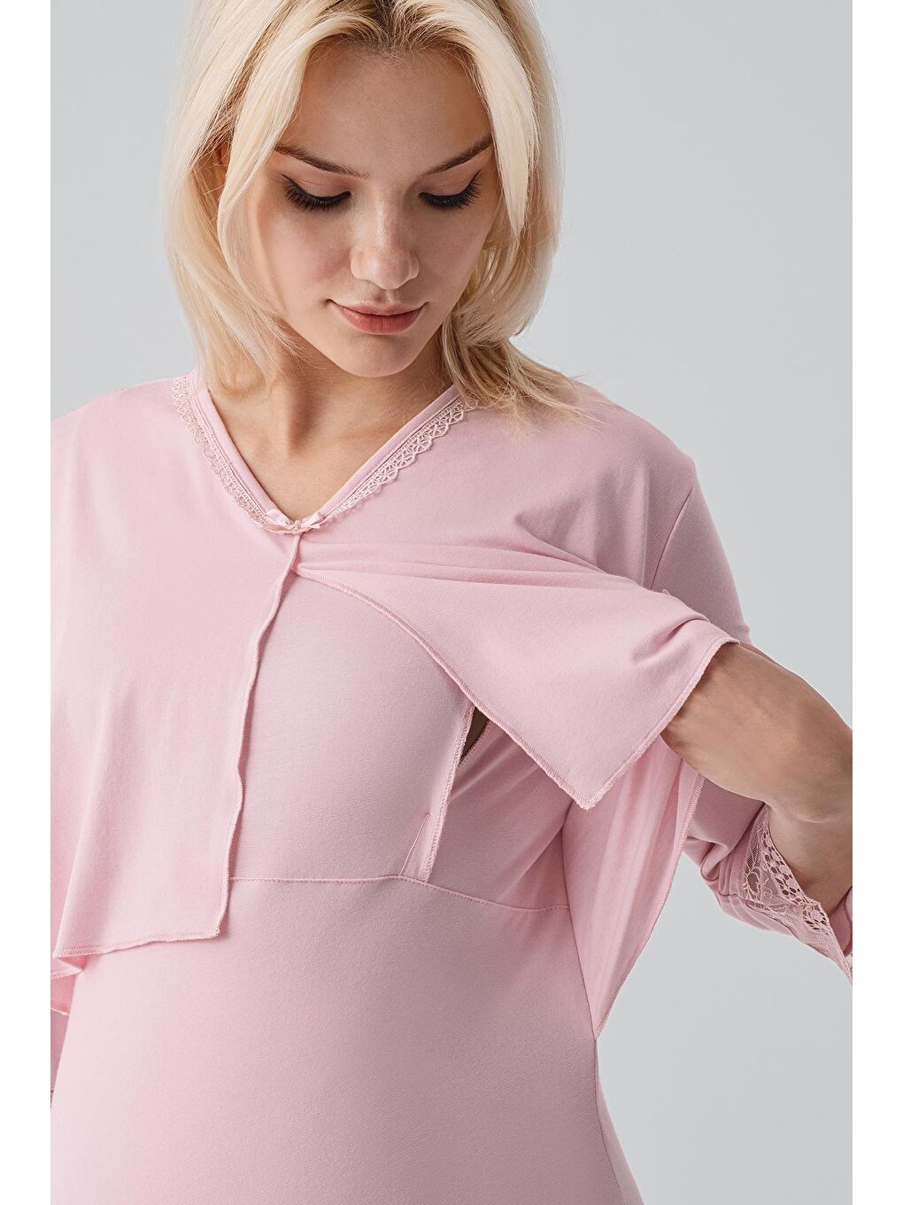 Pembe Uzun Kollu Dantelli Emzirme Bölmeli Esnek Viskoz Hamile Sabahlık Gecelik Takım 19401-6