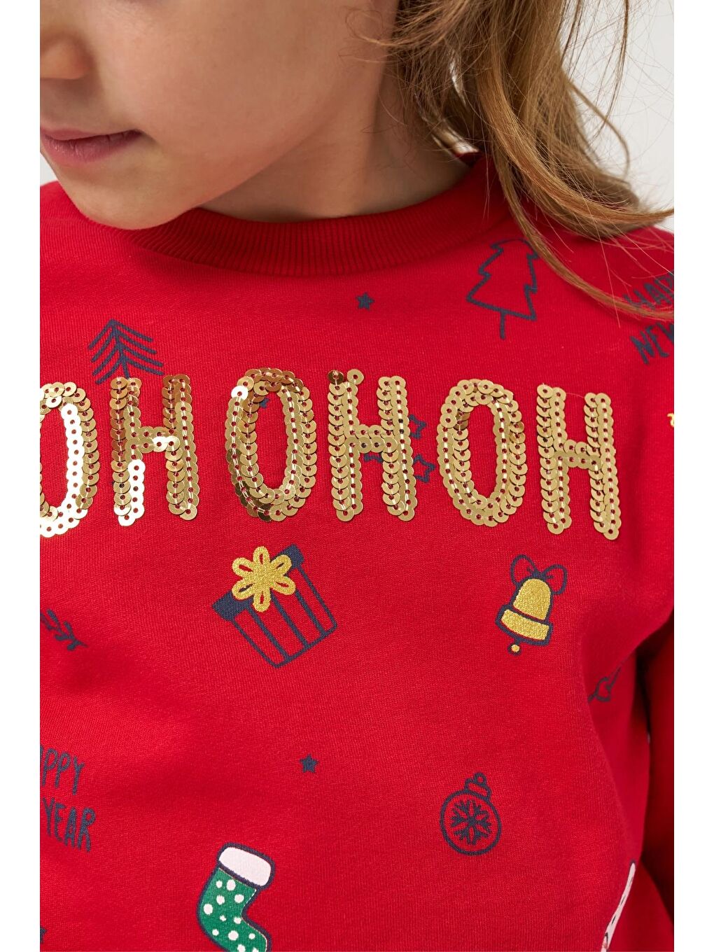 Kız Çocuk Pamuklu Kırmızı Sweatshirt Ve Yeşil Tül Etek Takım - Yılbaşı Konseptli-6