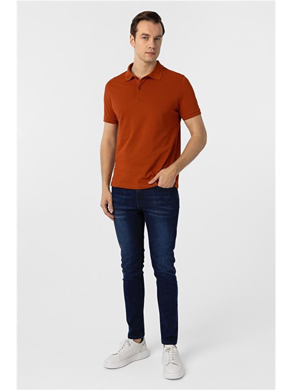 Kahverengi Kiremit Slim Düz Polo Yaka Tişört-4