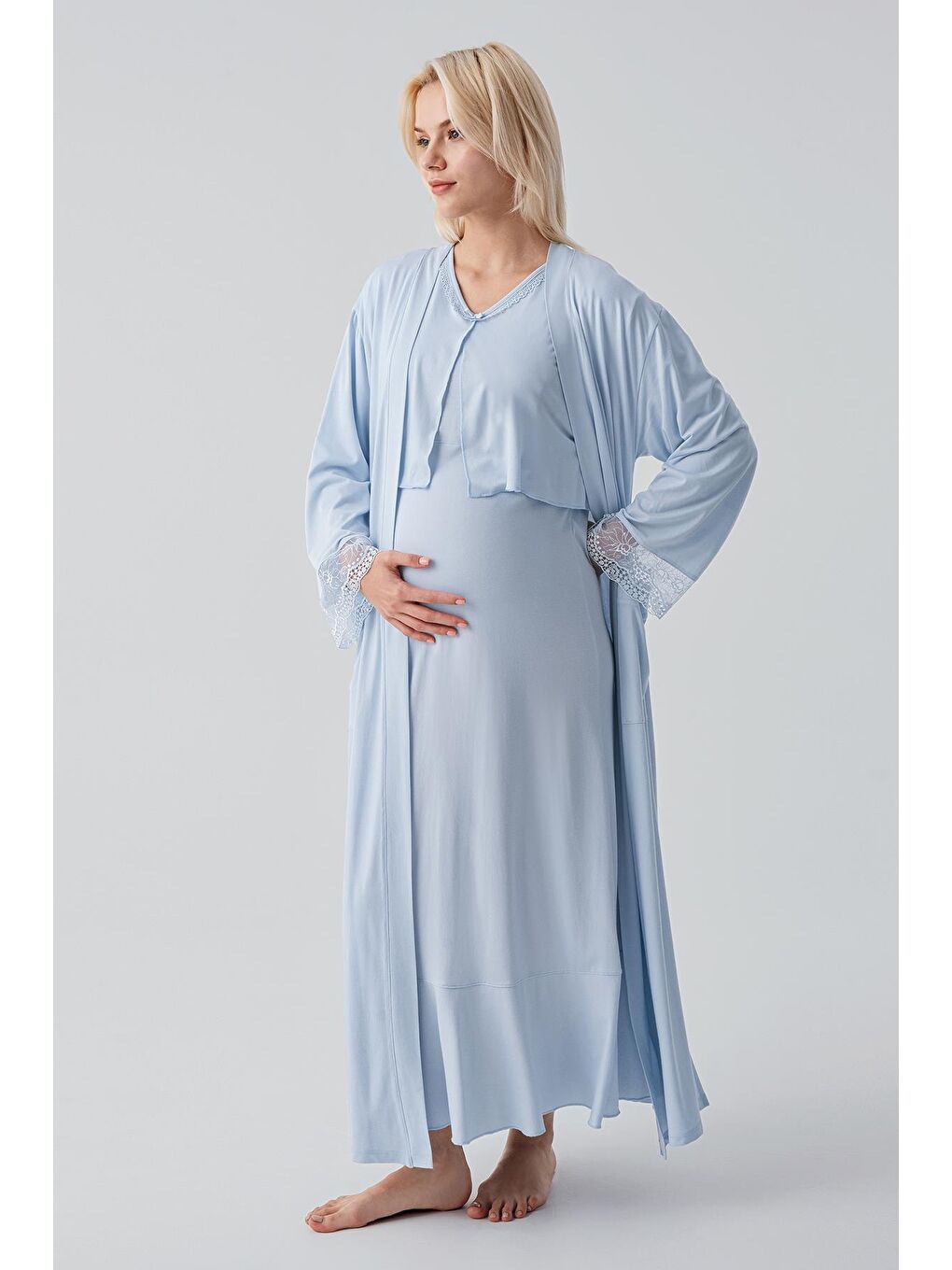 Mavi Uzun Kollu Dantelli Emzirme Bölmeli Esnek Viskoz Hamile Sabahlık Gecelik Takım 19401-1