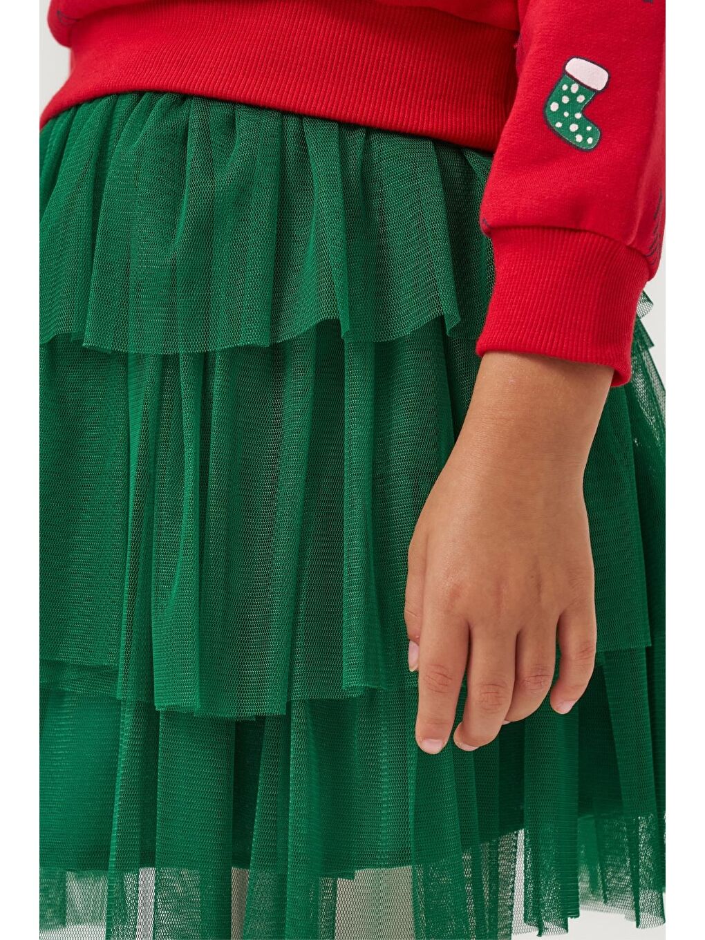 Kız Çocuk Pamuklu Kırmızı Sweatshirt Ve Yeşil Tül Etek Takım - Yılbaşı Konseptli-7