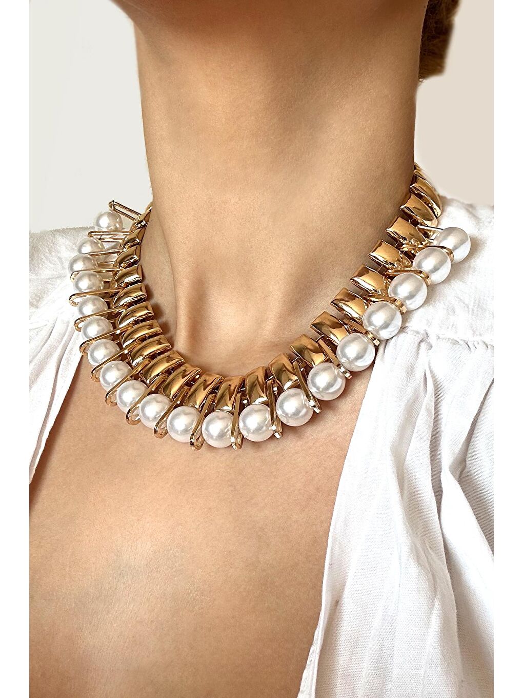 Sarı Sıralı Gerdanlık İnci Kolye