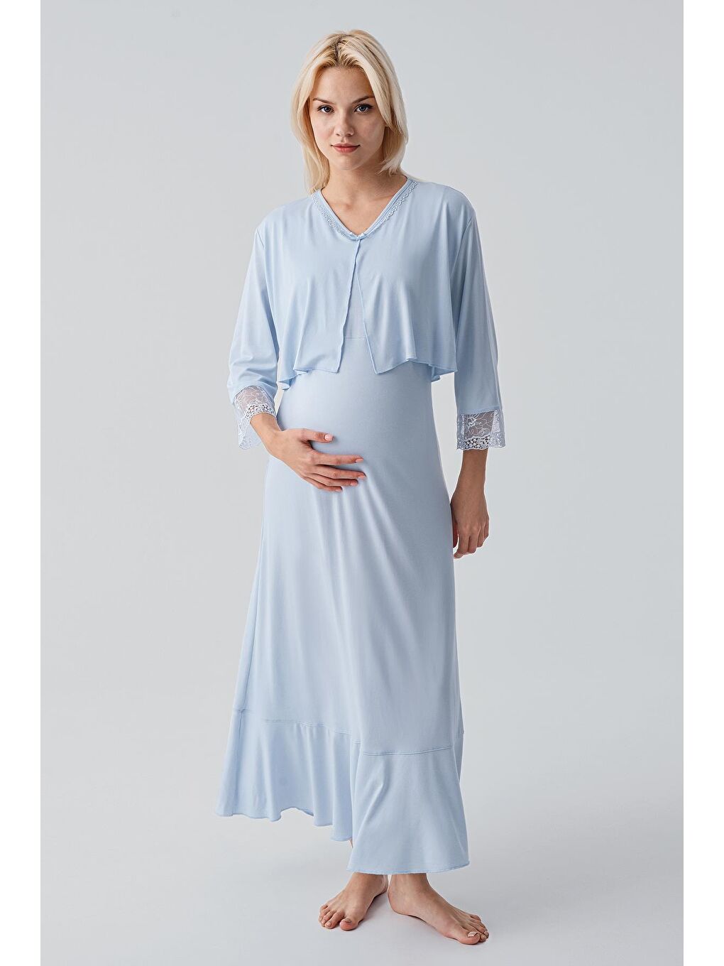 Mavi Uzun Kollu Dantelli Emzirme Bölmeli Esnek Viskoz Hamile Sabahlık Gecelik Takım 19401-2