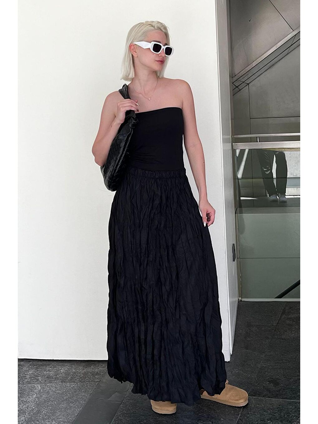 Siyah Beli Lastikli Buruşuk Mikro Uzun Kadın Etek Mg2155-6