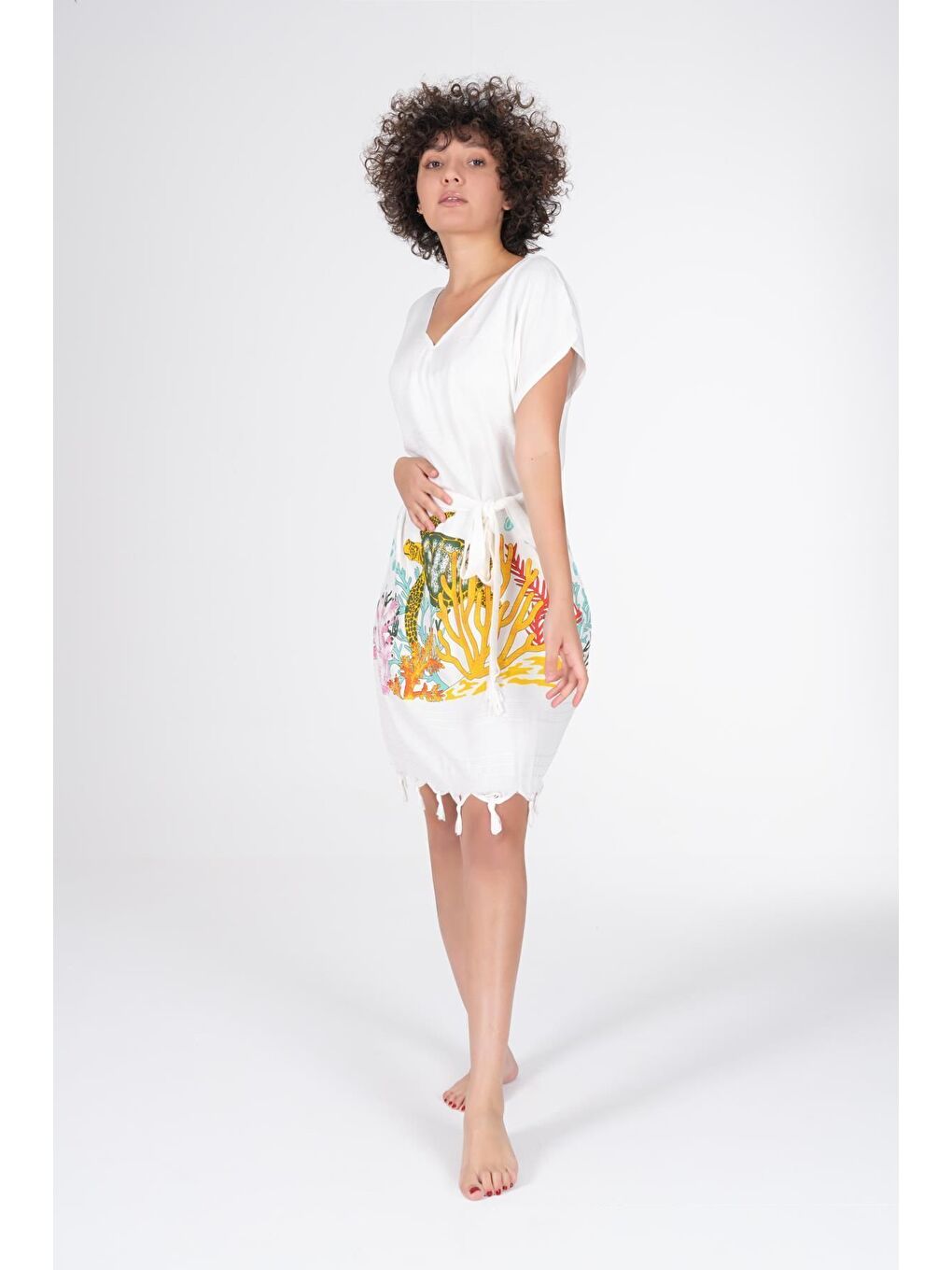 Ekru Baskılı Bambu Plaj Elbisesi-2