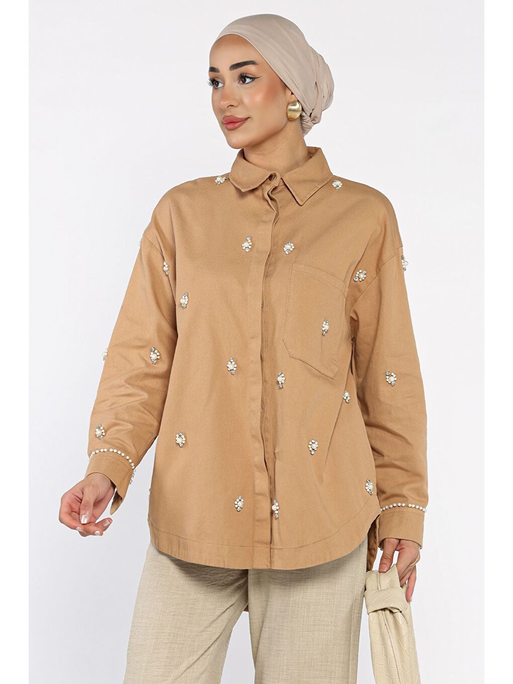 Kahverengi Taş Detaylı Gabardin Gömlek Tunik-3