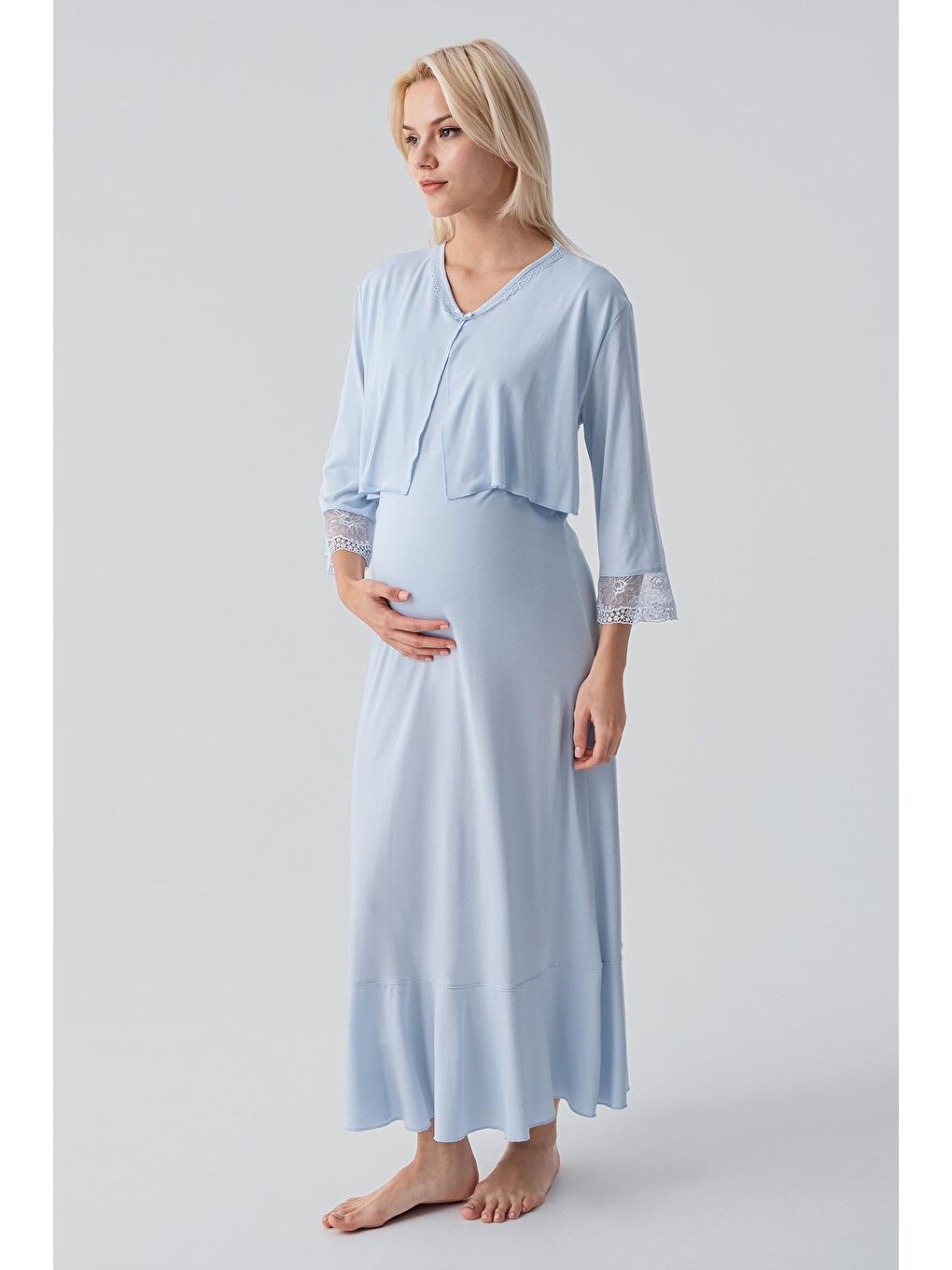 Mavi Uzun Kollu Dantelli Emzirme Bölmeli Esnek Viskoz Hamile Sabahlık Gecelik Takım 19401-3
