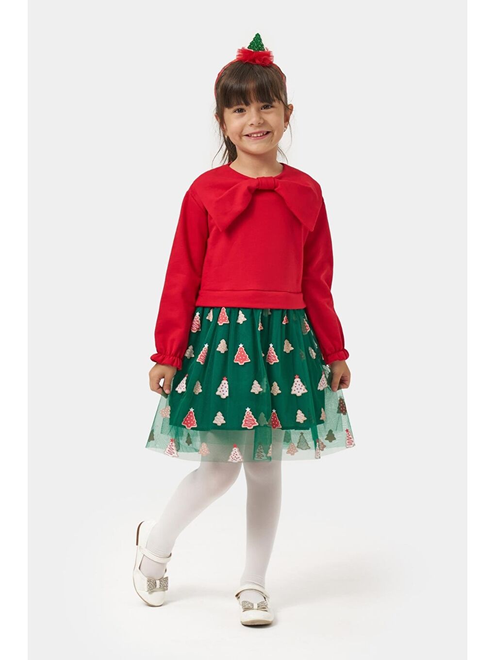 Kız Çocuk Pamuklu Kırmızı Fiyonklu Uzun Kollu Yeşil Ağaç Desenli Tüllü Elbise - Yılbaşı Konseptli