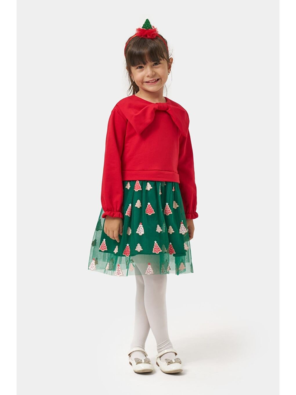 Kız Çocuk Pamuklu Kırmızı Fiyonklu Uzun Kollu Yeşil Ağaç Desenli Tüllü Elbise - Yılbaşı Konseptli-1