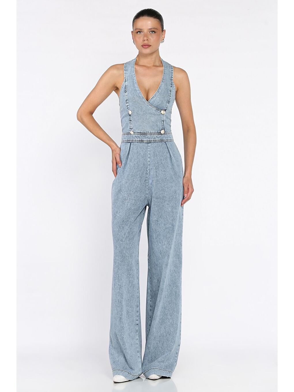 Mavi Ön Düğme Detaylı Kadın Jean Jean Tulum