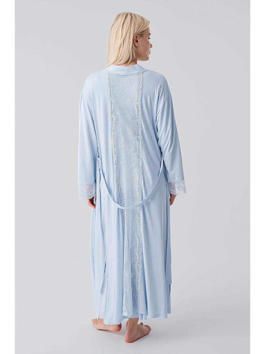 Mavi Uzun Kollu Dantelli Emzirme Bölmeli Esnek Viskoz Hamile Sabahlık Gecelik Takım 19401-4