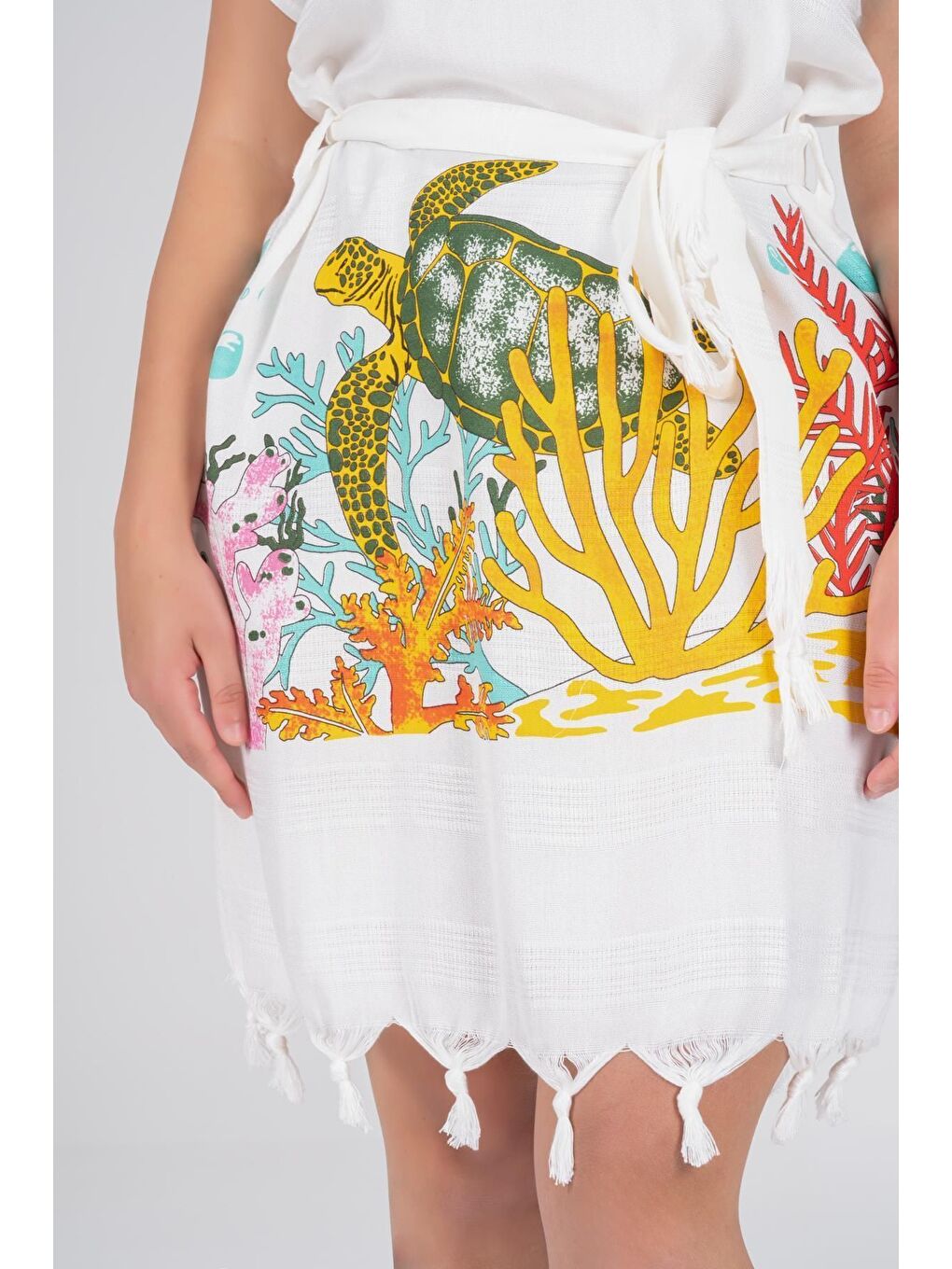 Ekru Baskılı Bambu Plaj Elbisesi-4