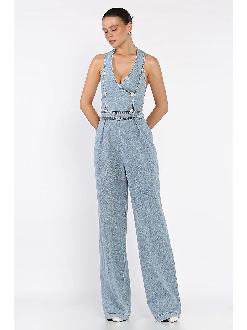 Mavi Ön Düğme Detaylı Kadın Jean Jean Tulum-1