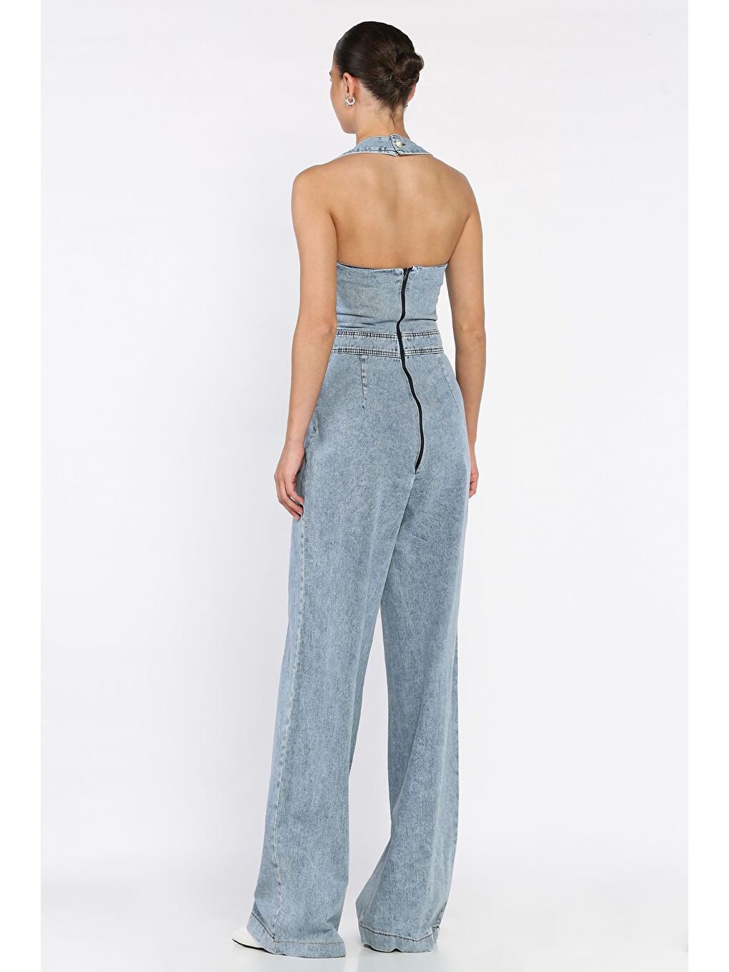 Mavi Ön Düğme Detaylı Kadın Jean Jean Tulum-2