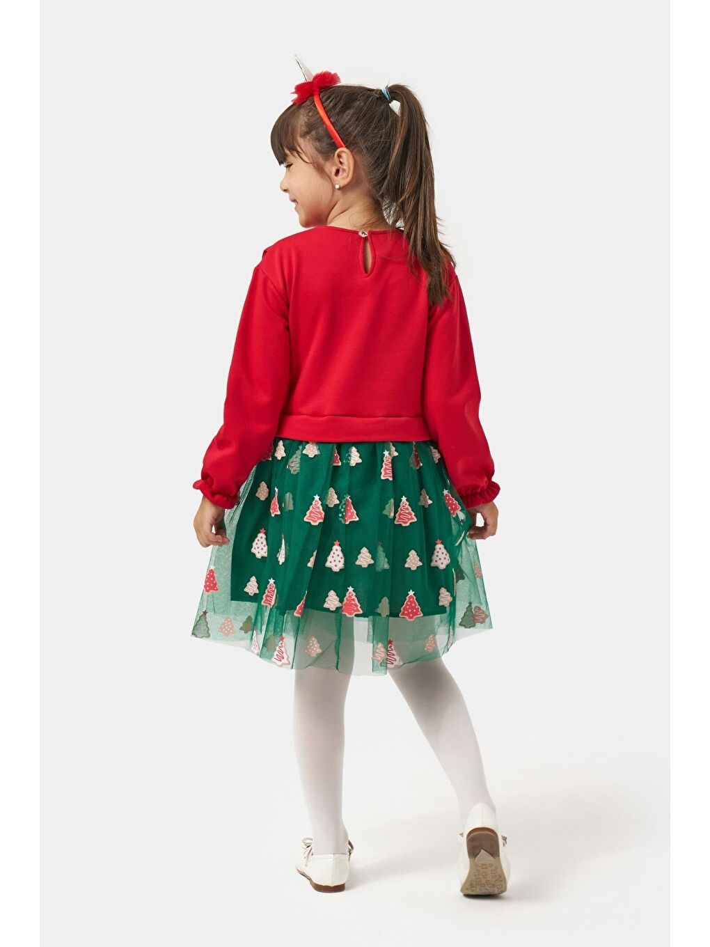 Kız Çocuk Pamuklu Kırmızı Fiyonklu Uzun Kollu Yeşil Ağaç Desenli Tüllü Elbise - Yılbaşı Konseptli-2