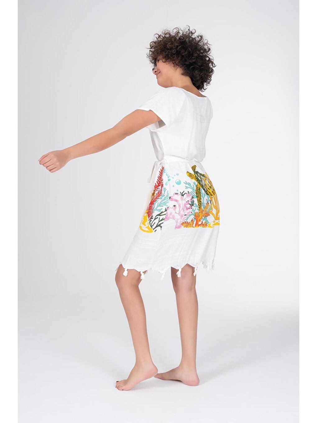 Ekru Baskılı Bambu Plaj Elbisesi-5