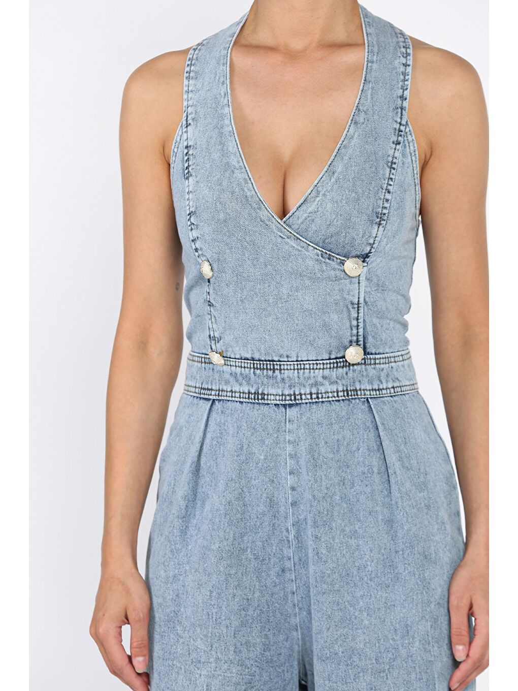 Mavi Ön Düğme Detaylı Kadın Jean Jean Tulum-3