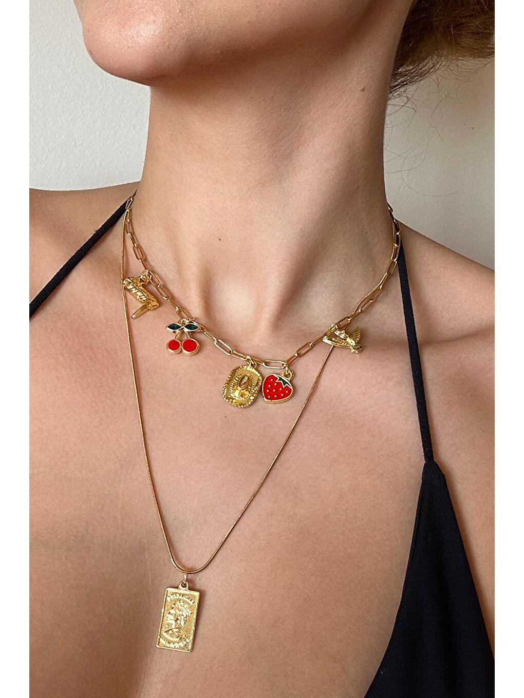 New Obsessions Sarı Happy Charms Sallantılı Çelik Kolye 2'li Set