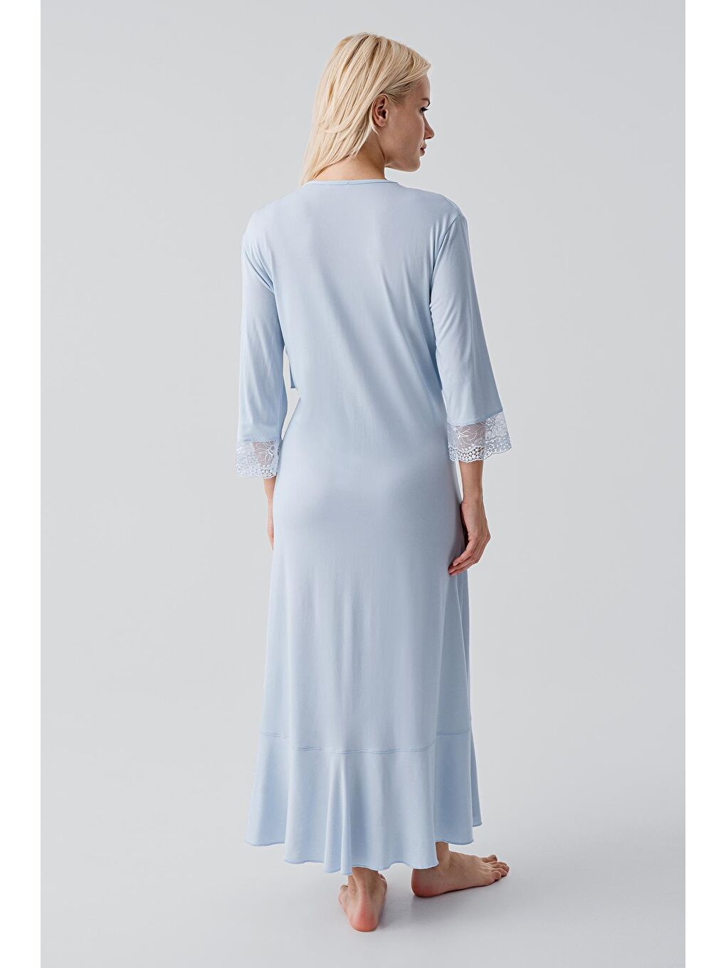 Mavi Uzun Kollu Dantelli Emzirme Bölmeli Esnek Viskoz Hamile Sabahlık Gecelik Takım 19401-5